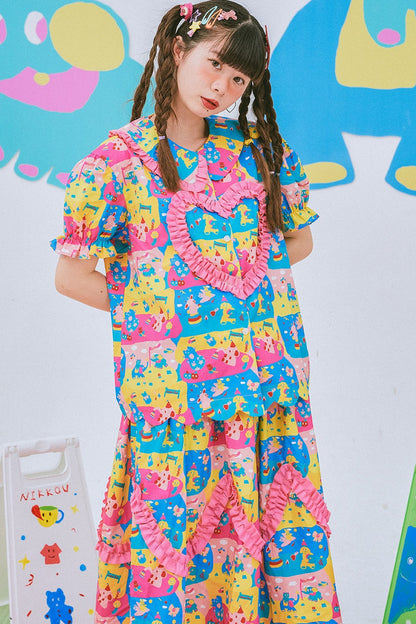 Kindergarten Paradise Print Puff Sleeve Shirt