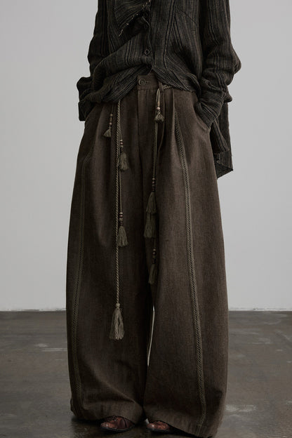Multi-Belt Straight-Leg A-Line Wide Pants