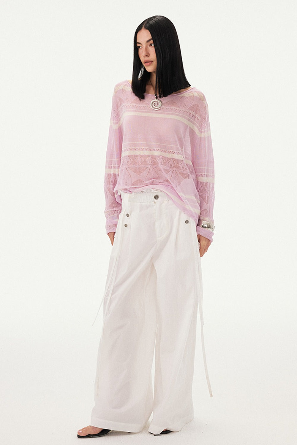 Pink Knit Hollow-Out Crochet-Style Pullover Top