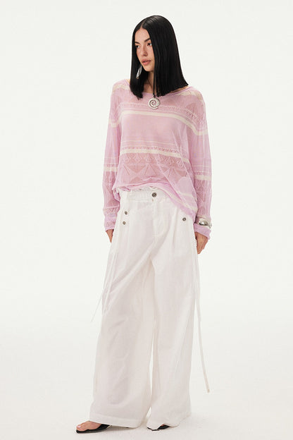 Pink Knit Hollow-Out Crochet-Style Pullover Top