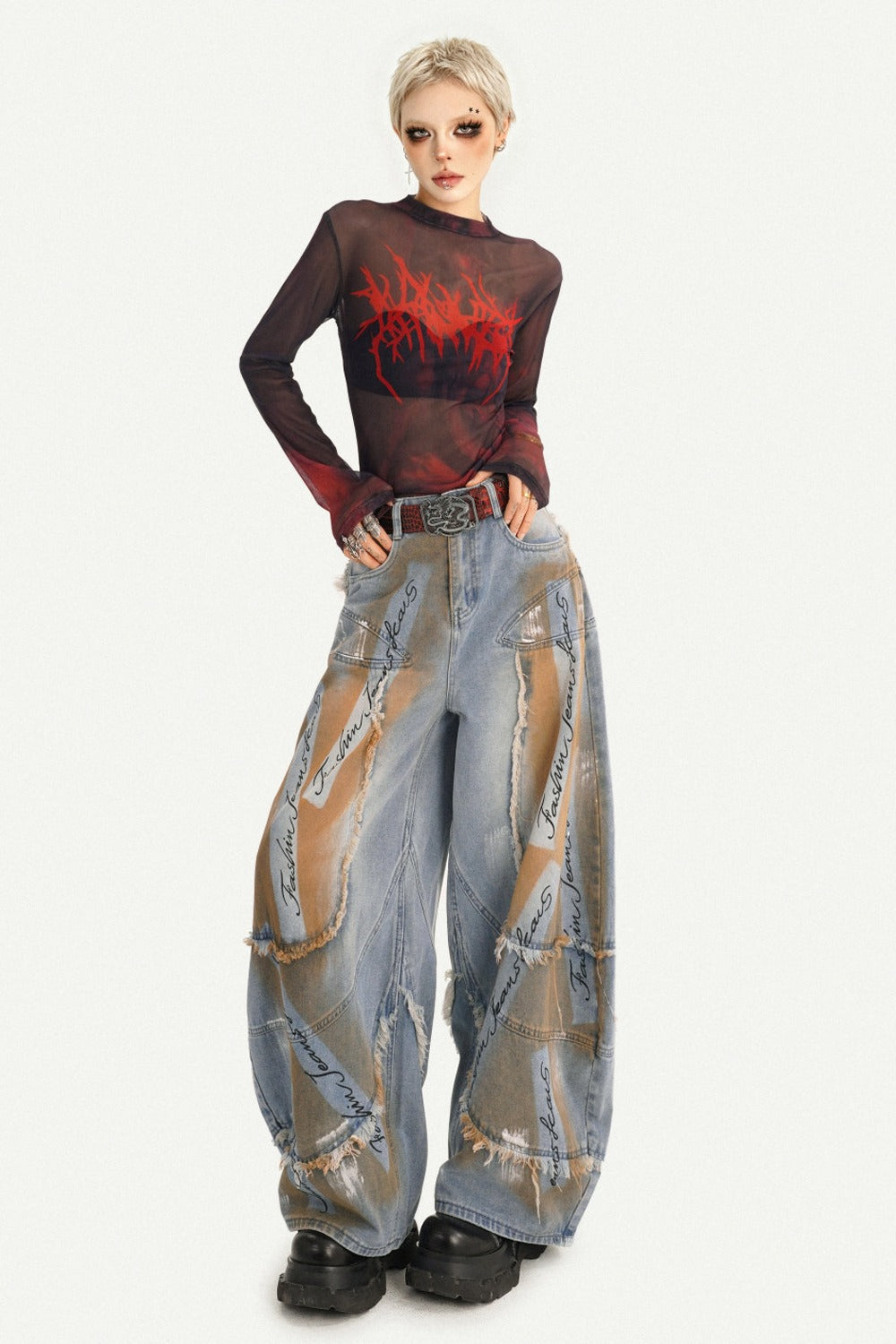 Distressed Patchwork Wide-Leg Denim Pants