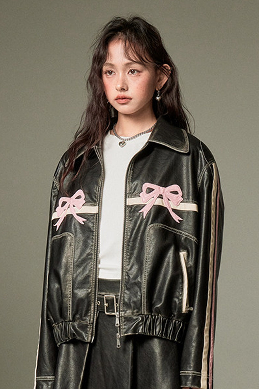 Distressed Bow Leather Jacket