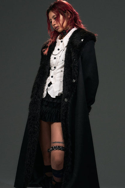 Large Fur Collar Loose Lace-Up Oversized Long Woolen Coat
