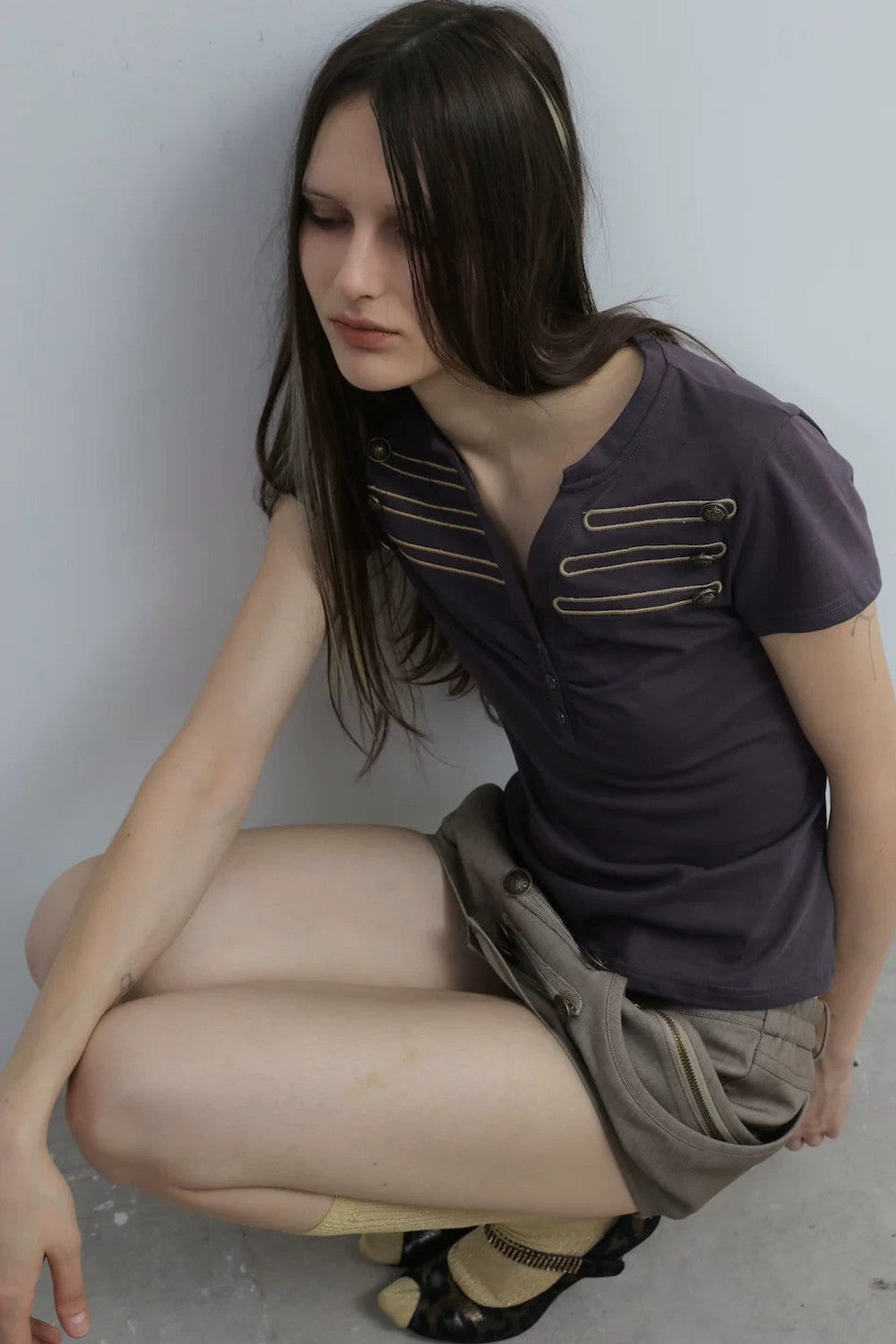 Retro Embroidered Henley Blouse