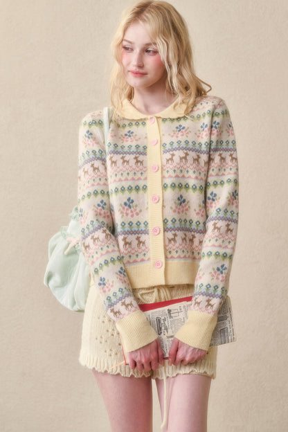 Reindeer Fair Isle Lace Trim Cardigan Top