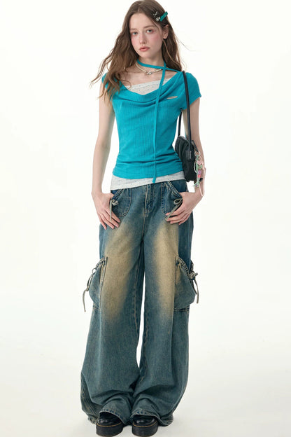 Blue Polka Dot Asymmetric Ruffle T-Shirt
