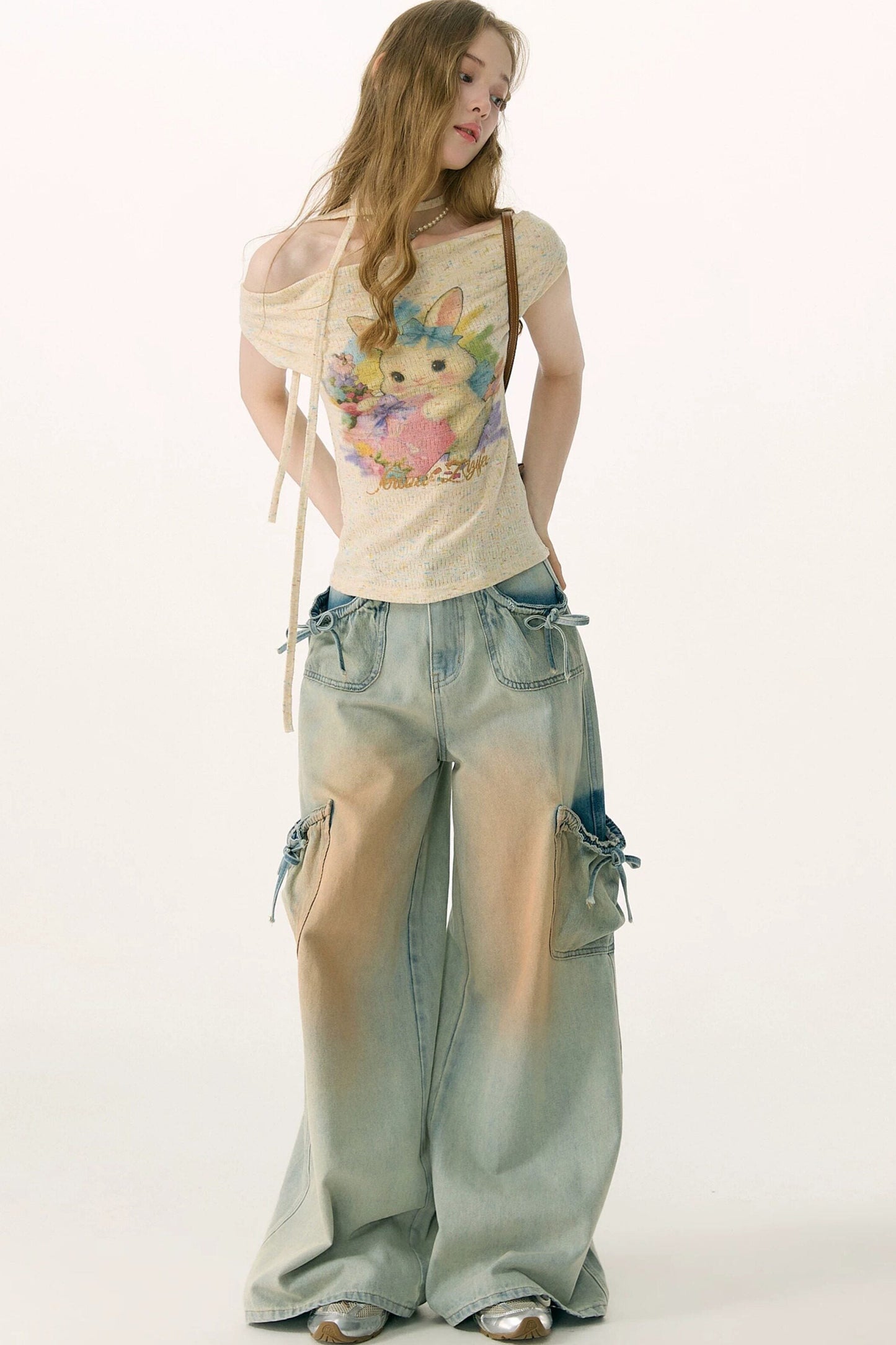 High-Waisted Bow-Knot Wide-Leg Denim Pants