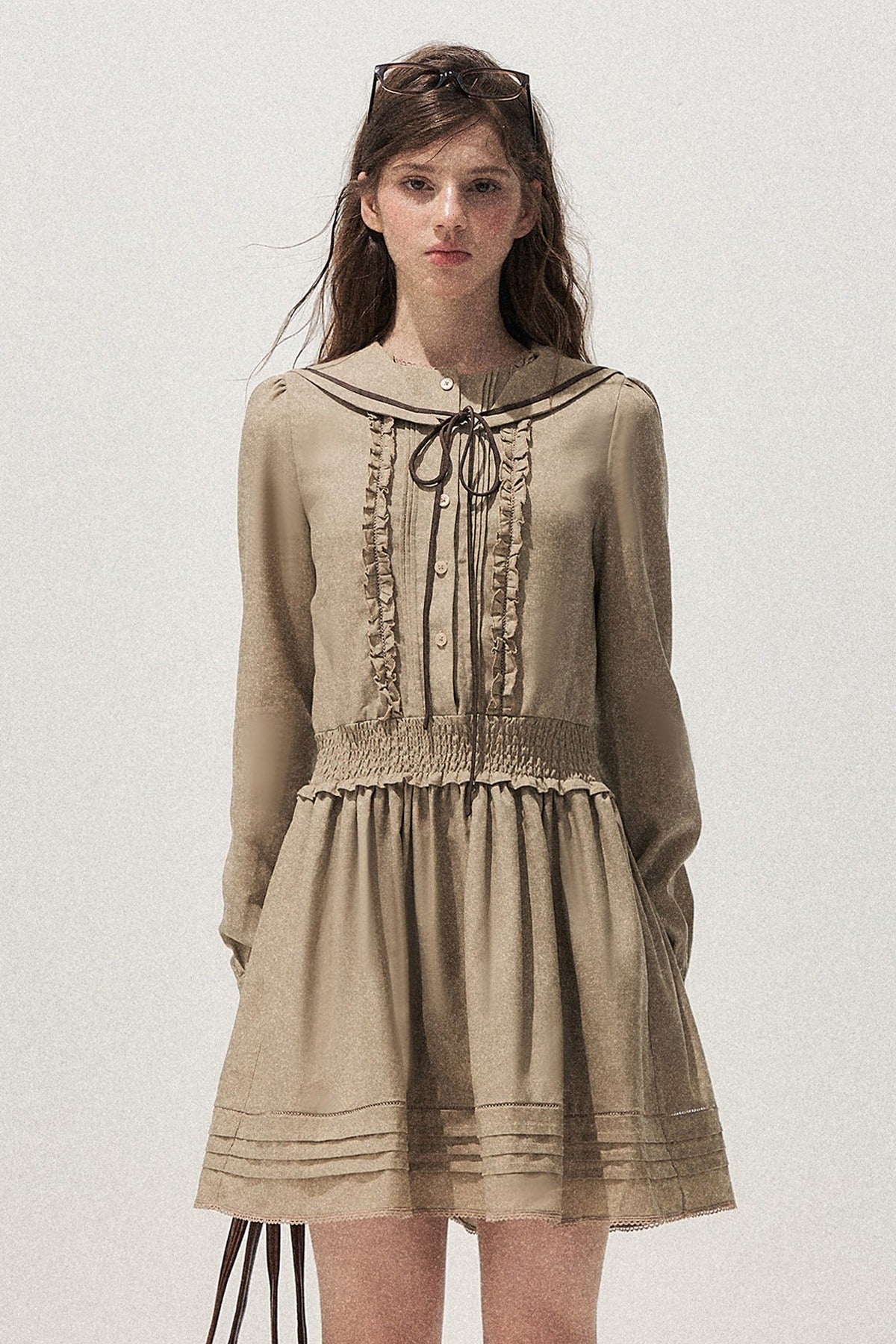 100% Lyocell Navy Collar Waist-Cinching Dress