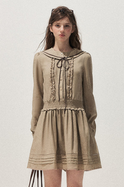 100% Lyocell Navy Collar Waist-Cinching Dress