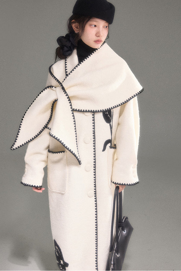 Wool Embroidered Tulip Shawl Collar Long Coat