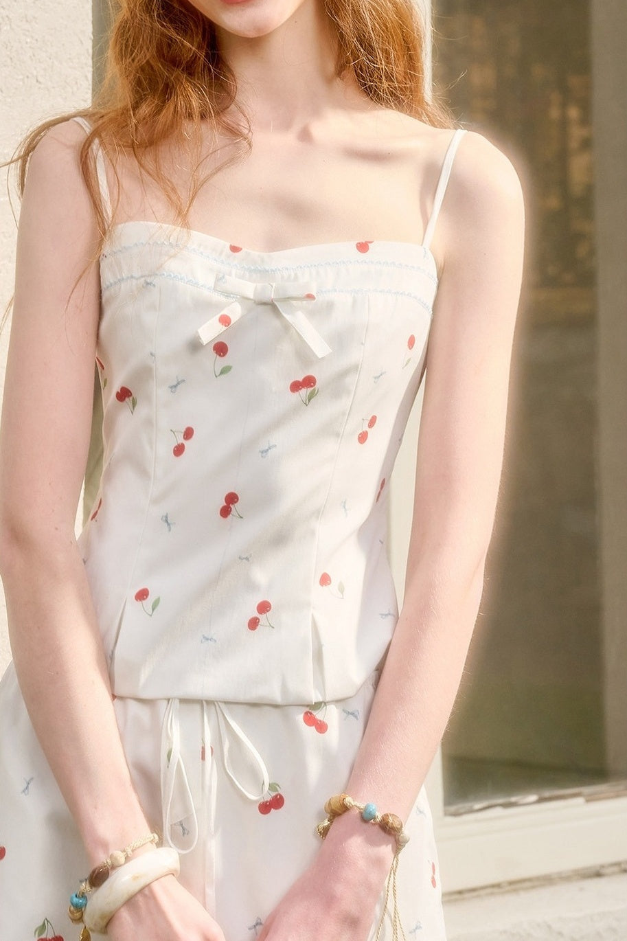 Cherry Print Shirt Top and Skirt Set-Up