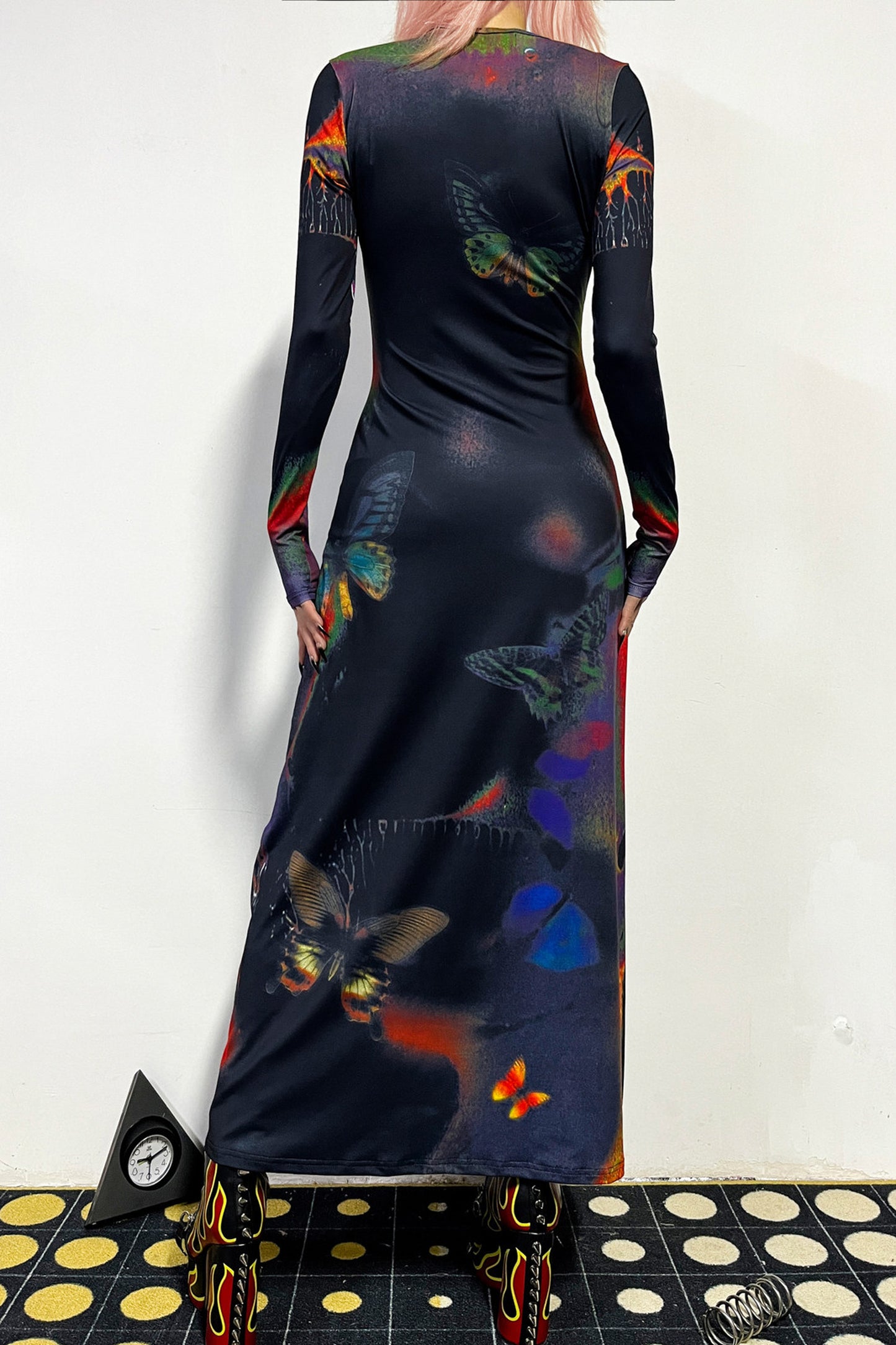 Butterfly Print Flame Long-Sleeved Dress