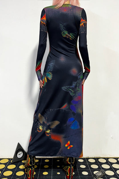 Butterfly Print Flame Long-Sleeved Dress