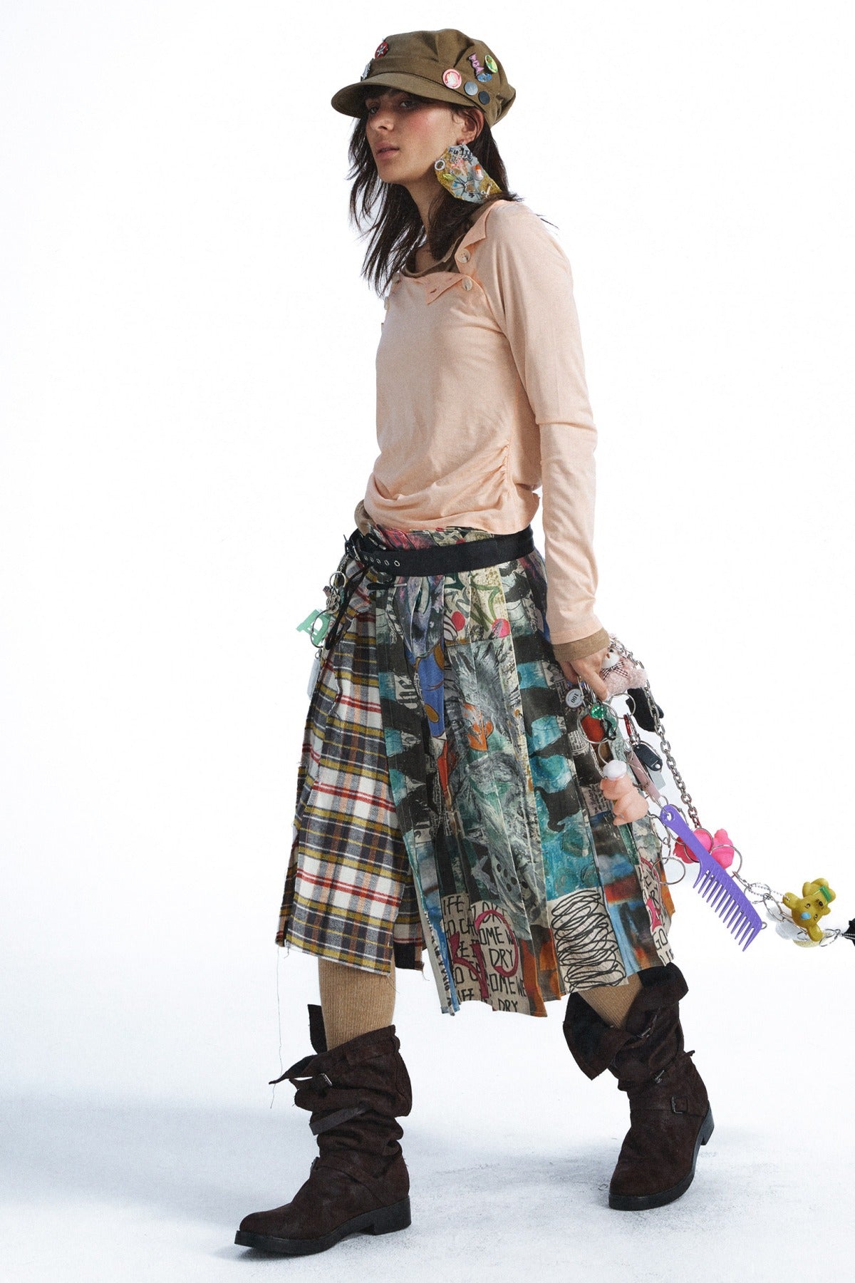 Plaid Graffiti Patchwork Pleated Skirt