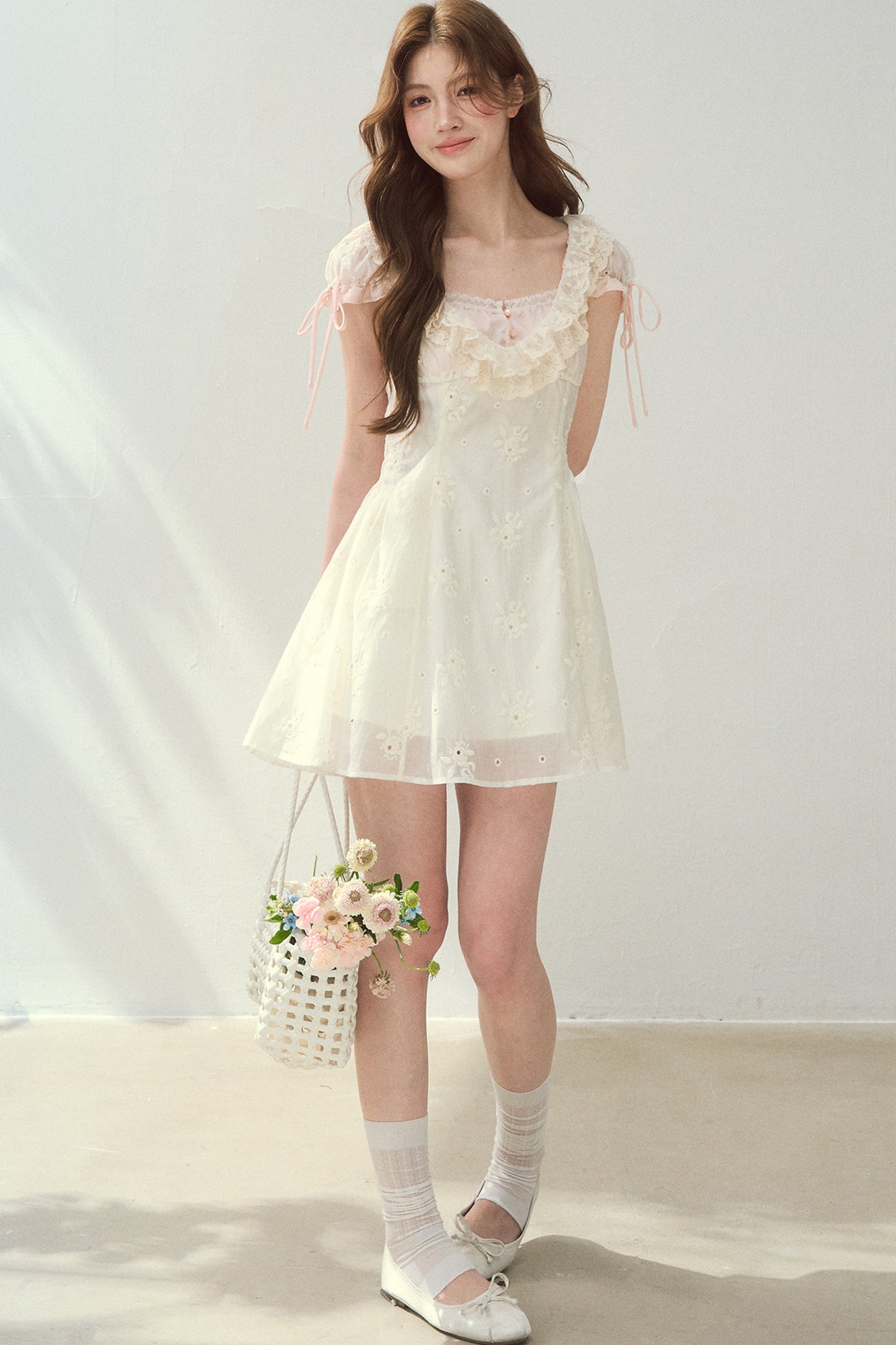 Rose Embroidered Square Neck Long Dress
