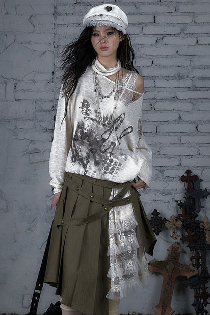 Ripped Off-Shoulder Punk Print Knit Top