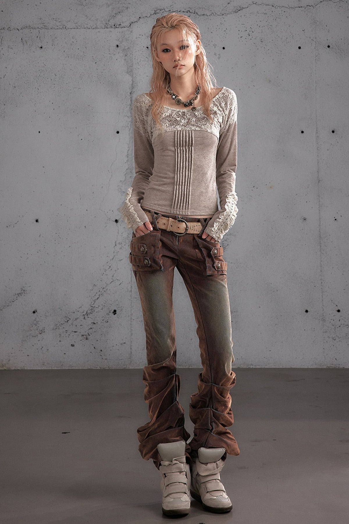 Punk Flocked Ruched Low-Waist Curved Leg Jeans