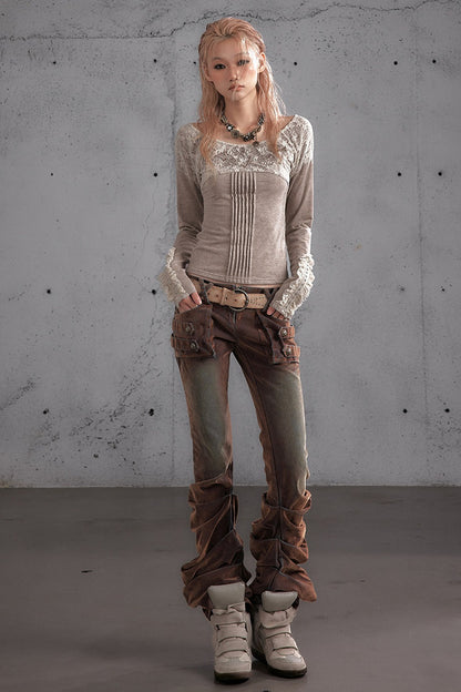 Punk Flocked Ruched Low-Waist Curved Leg Jeans