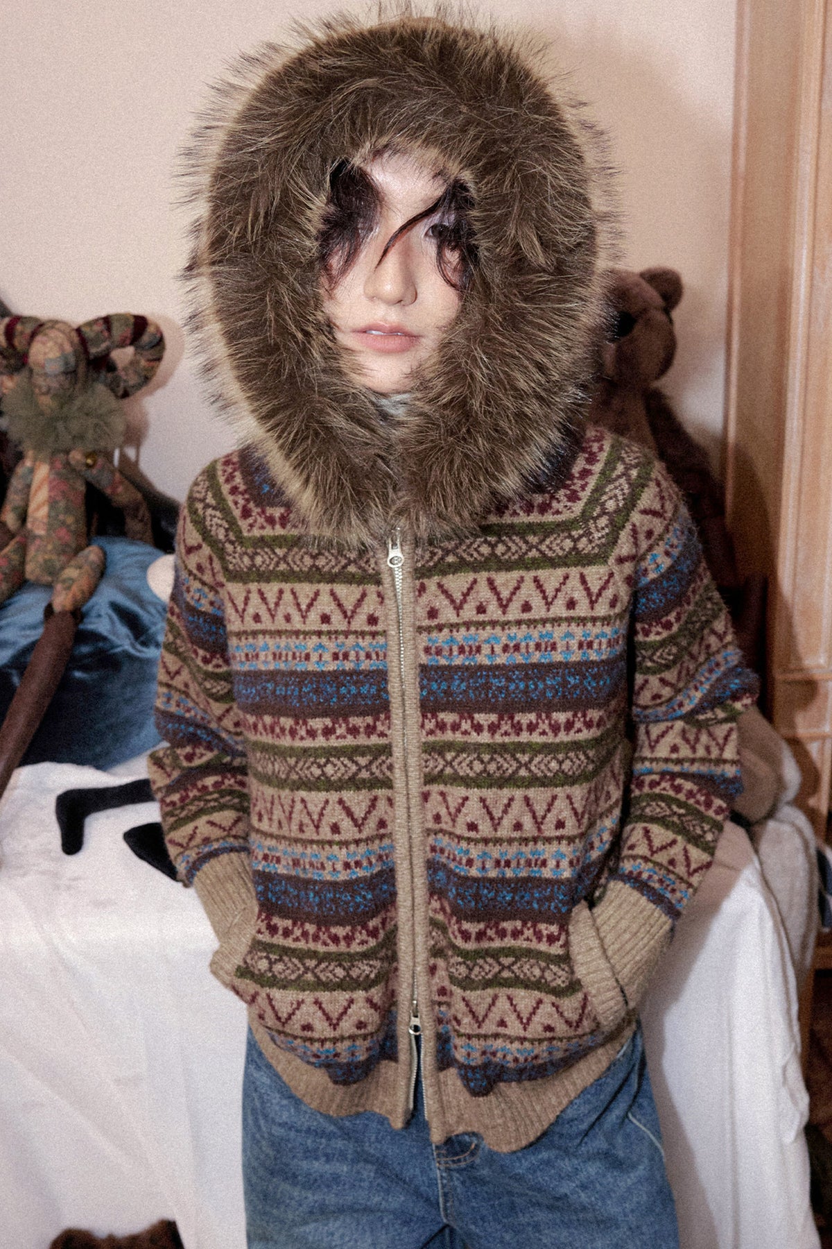 Hooded Fair Isle Wool Cardigan