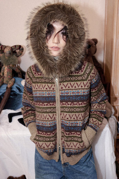 Hooded Fair Isle Wool Cardigan