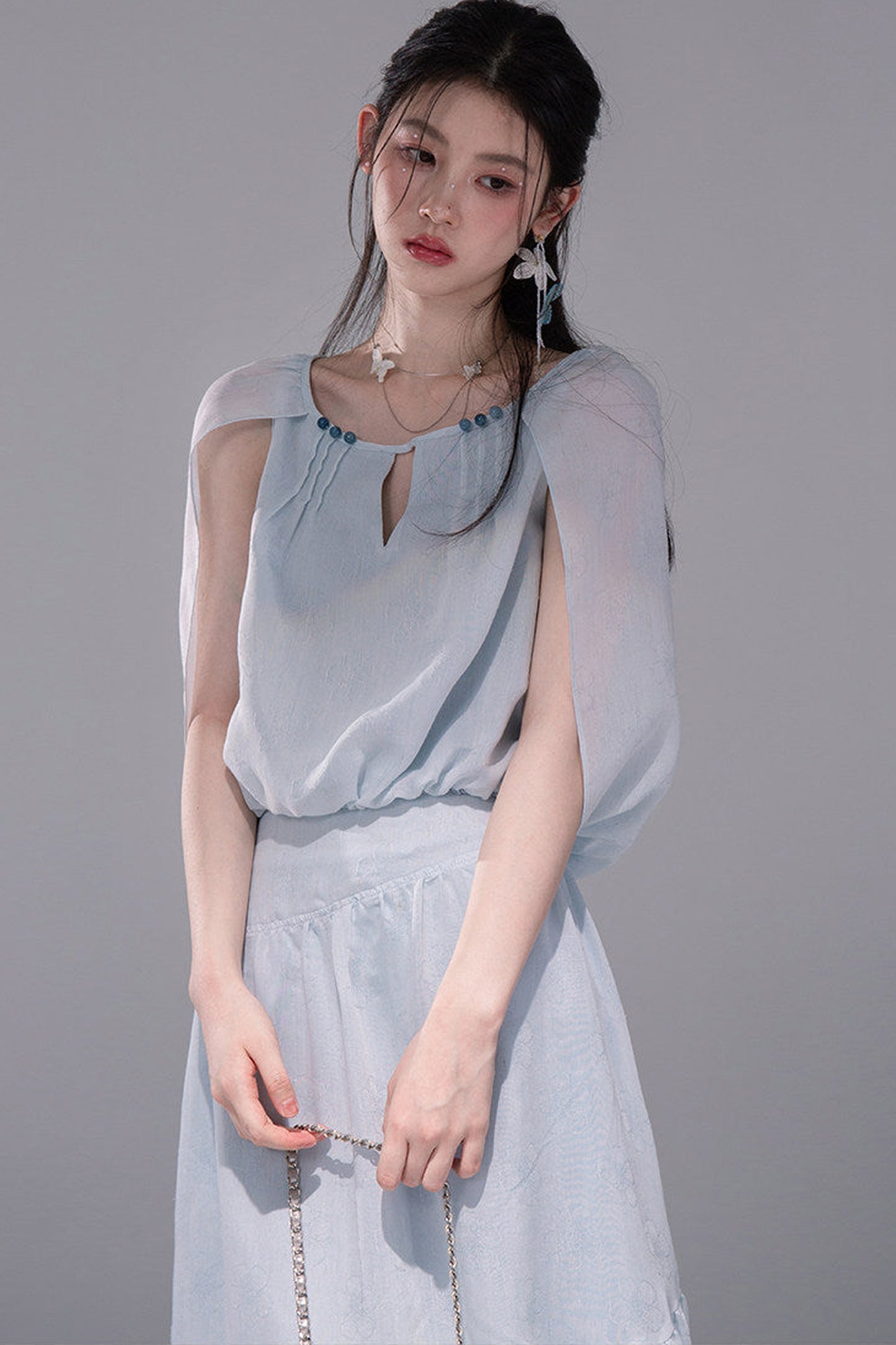 Elegant Ice Blue Linen Cape Set