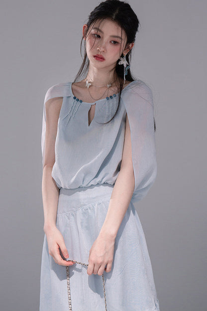 Elegant Ice Blue Linen Cape Set