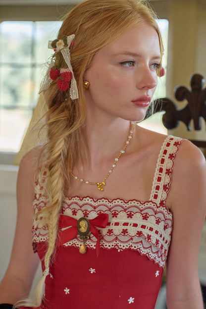 Berry Embroidered Strap Dress and Cardigan Set-Up