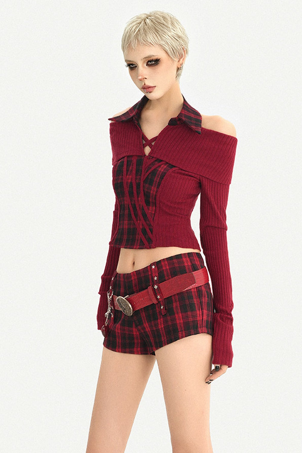 Red Black Off-Shoulder Knit Top and Shorts Set-Up