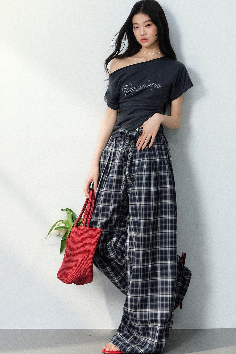 Asymmetrical Top and Plaid Pants Set-Up