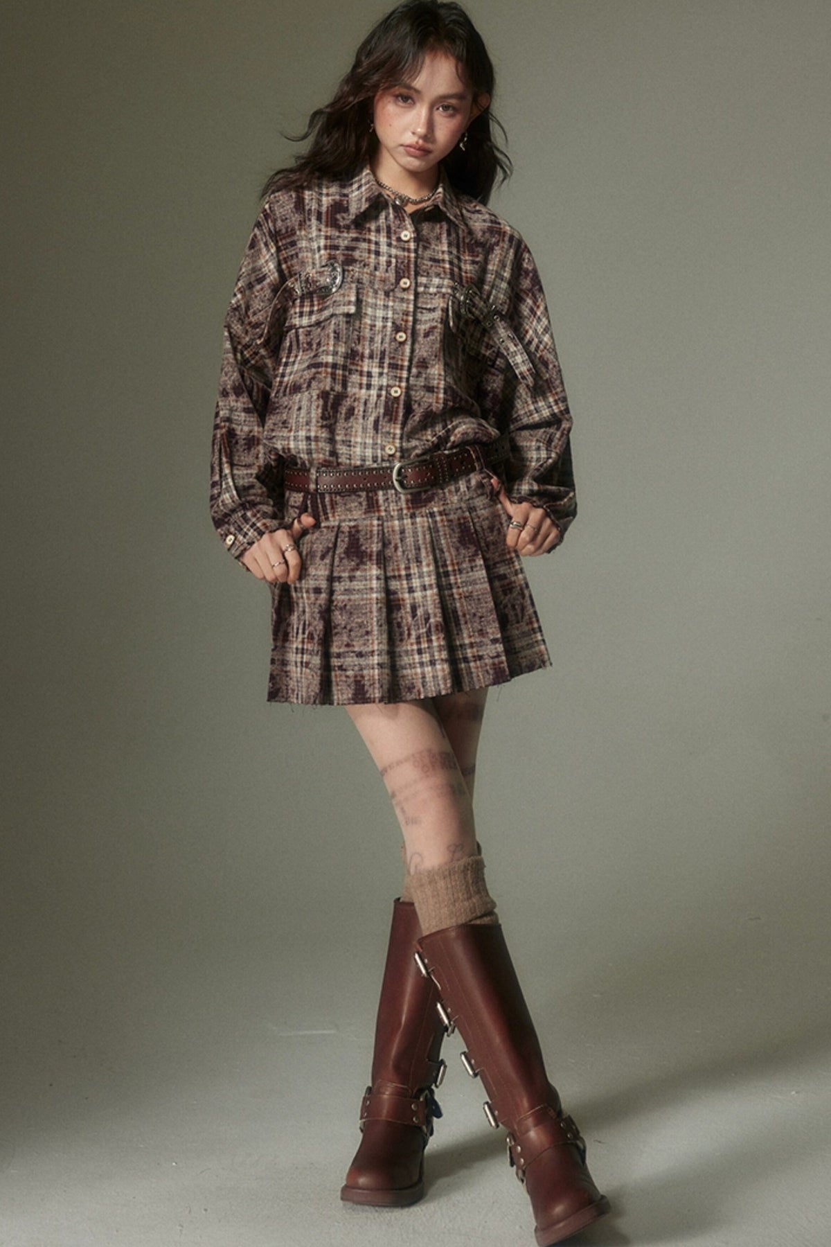 Plaid Shirt and Pleated Skirt Set-Up