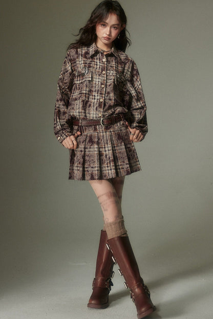 Plaid Shirt and Pleated Skirt Set-Up