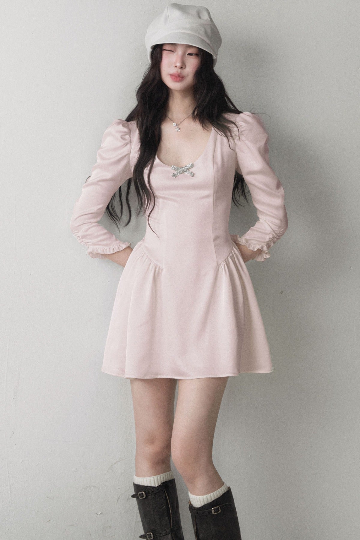 Glossy Satin Bow U-Neck Dress
