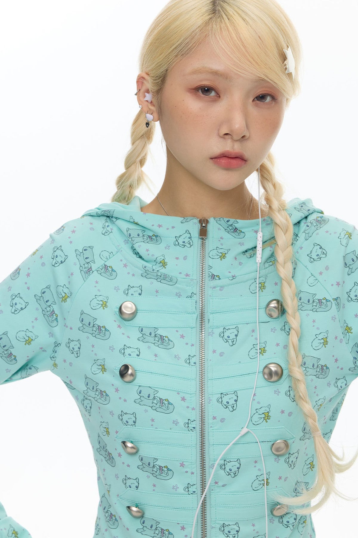 Mint Green Frog Double-Breasted Zipper Jacket
