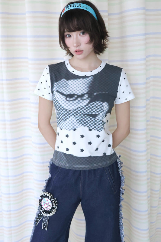 Cat Print Polka Dot T-Shirt