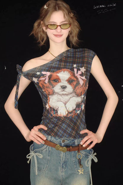 Star Dream Off-Shoulder Plaid T-Shirt