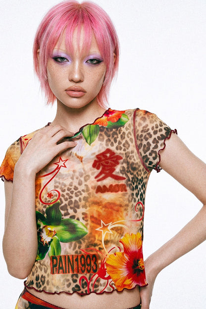 Completo con gonna a sirena in tessuto a rete con stampa leopardata