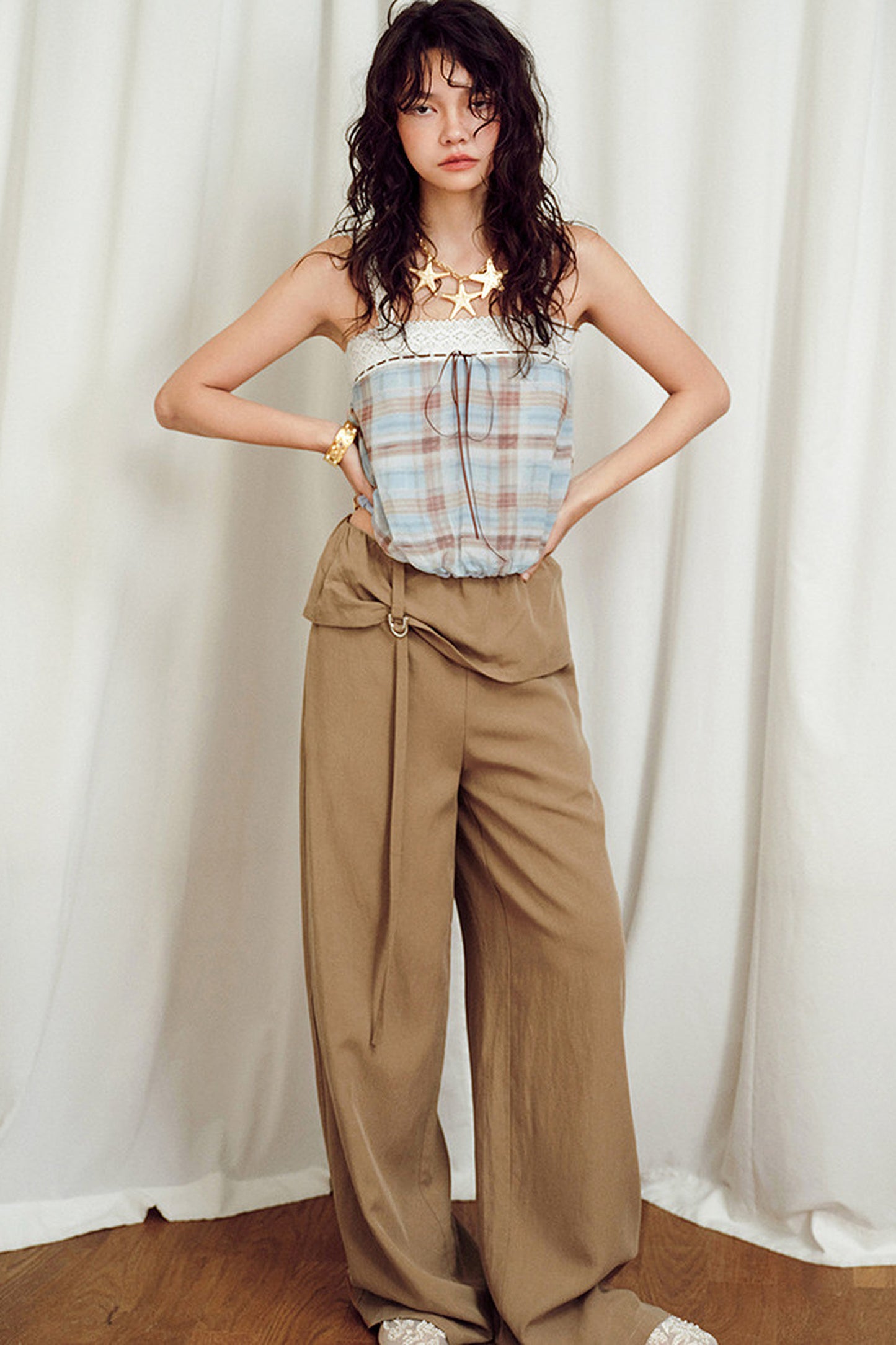 Blue Plaid Lace Trim Camisole And Ruffle Skirt Set
