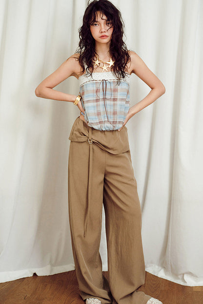 Blue Plaid Lace Trim Camisole And Ruffle Skirt Set