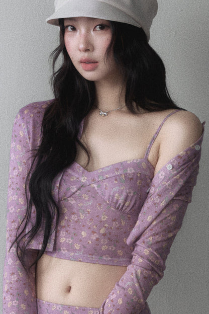 Purple Floral Knit Cardigan and Bodycon Skirt Set-Up