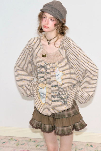 Striped Cat Print Sweatshirt