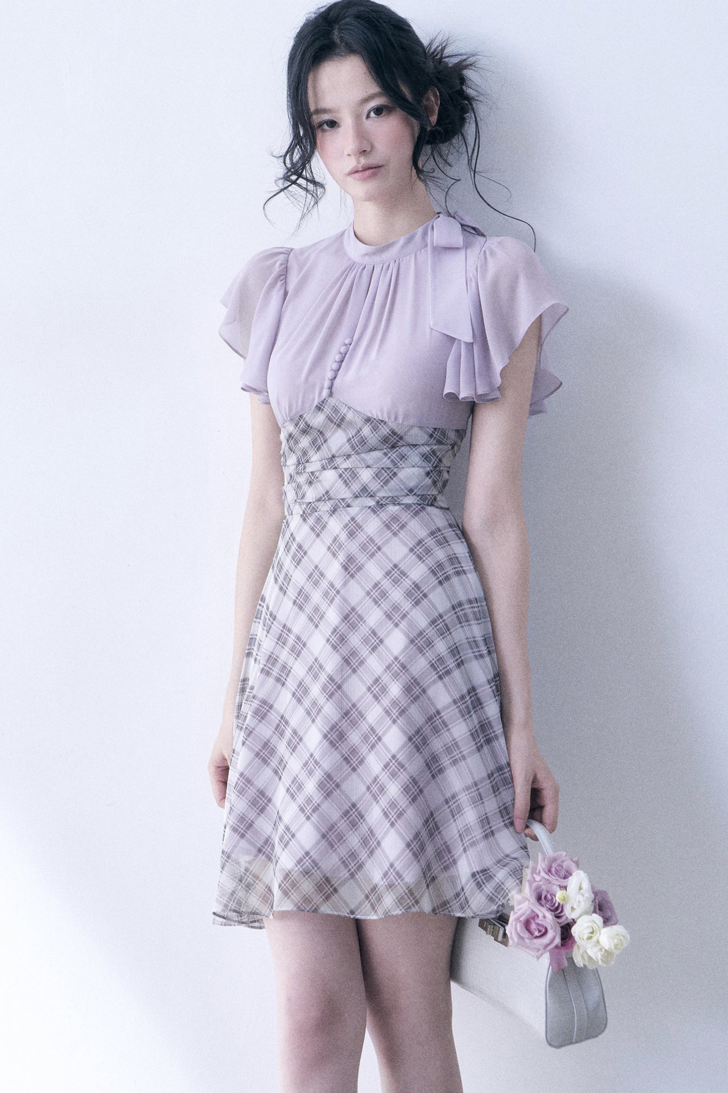 Lavender Plaid Flutter Sleeve Dress