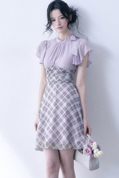 Lavender Plaid Flutter Sleeve Dress