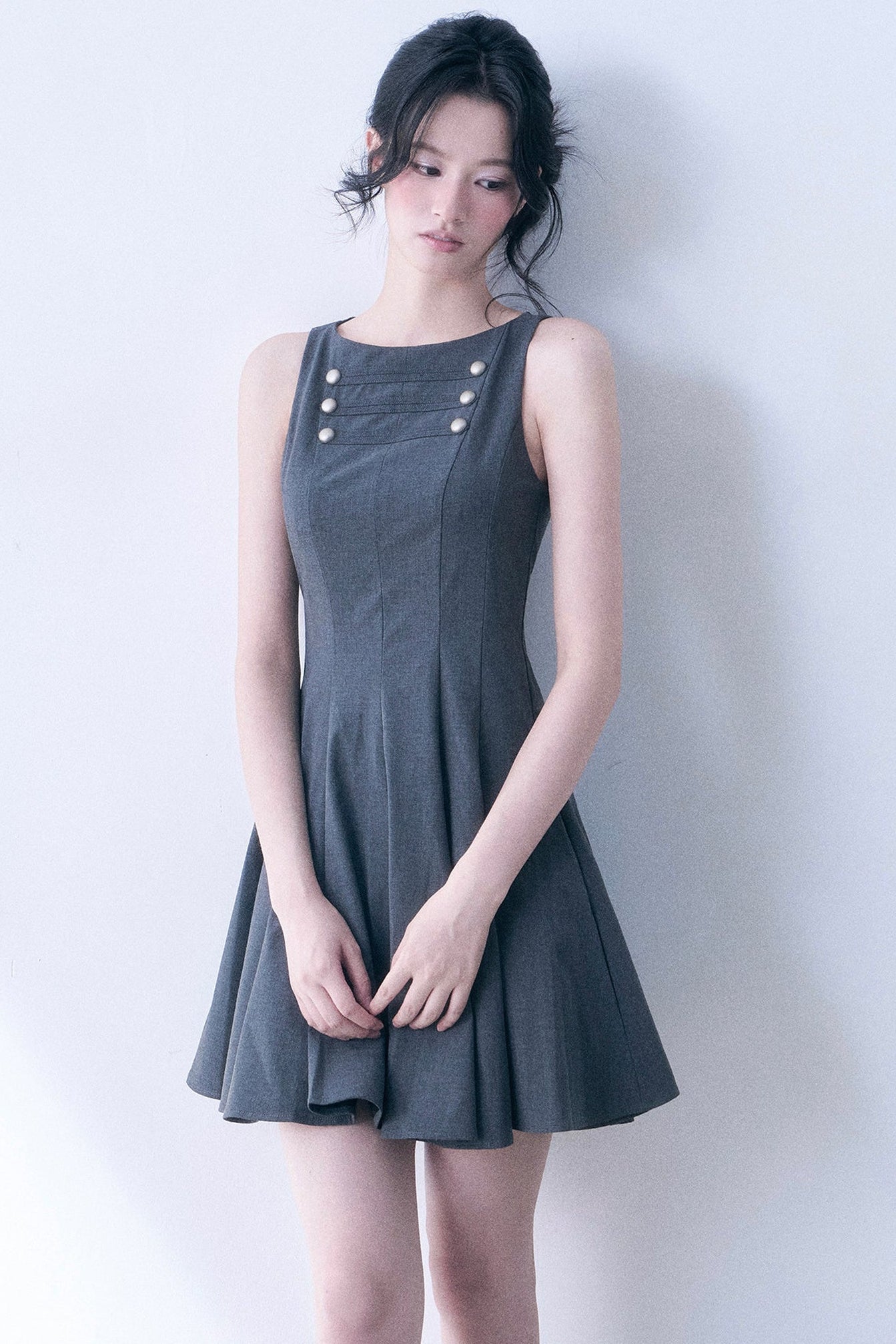 Decorative Button Sleeveless Flared Dress
