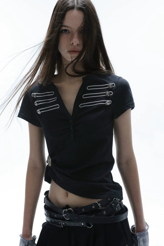 Retro-Henley-Bluse mit Stickerei