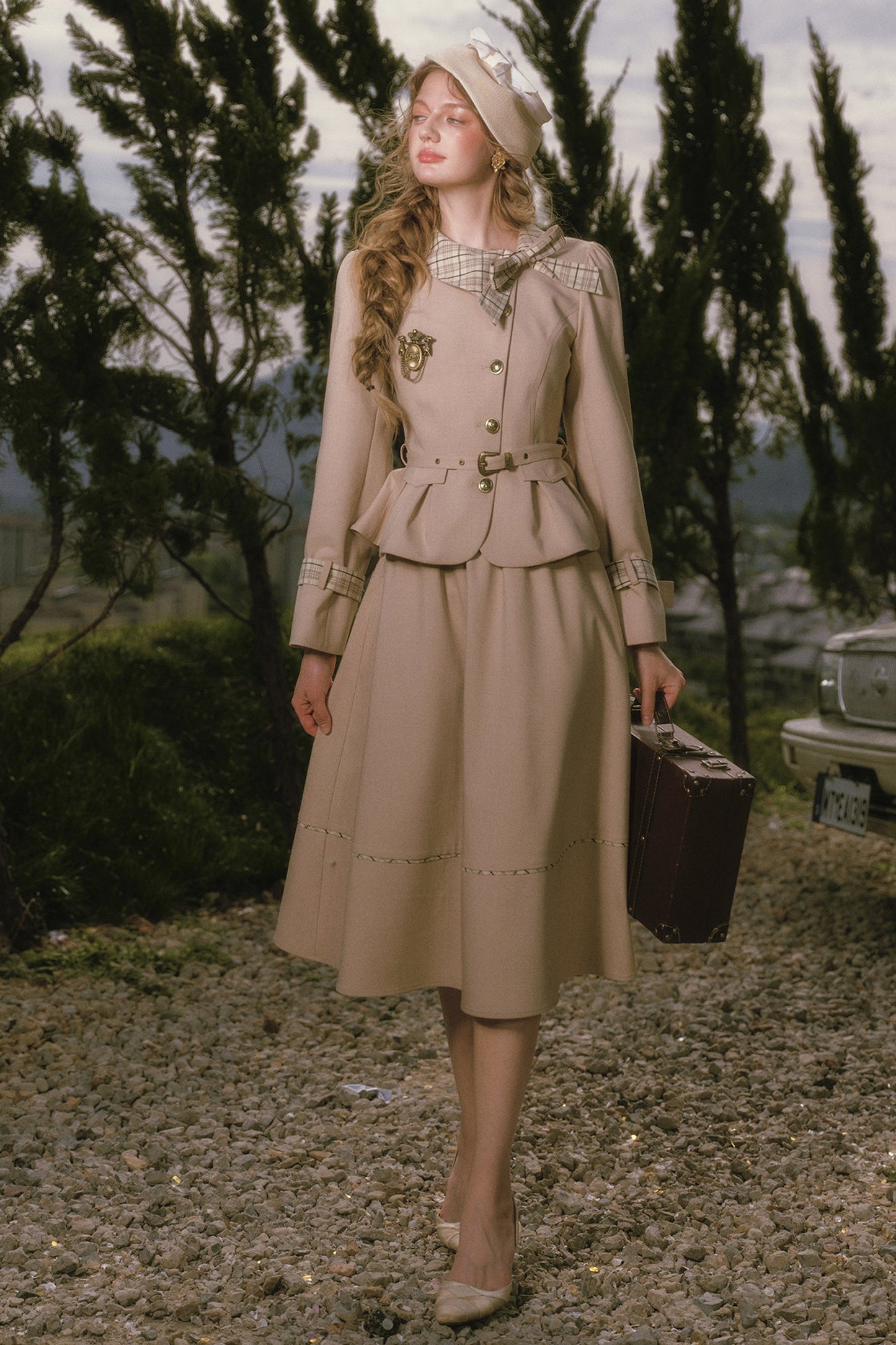 Khaki Trench Coat and Skirt Set-Up