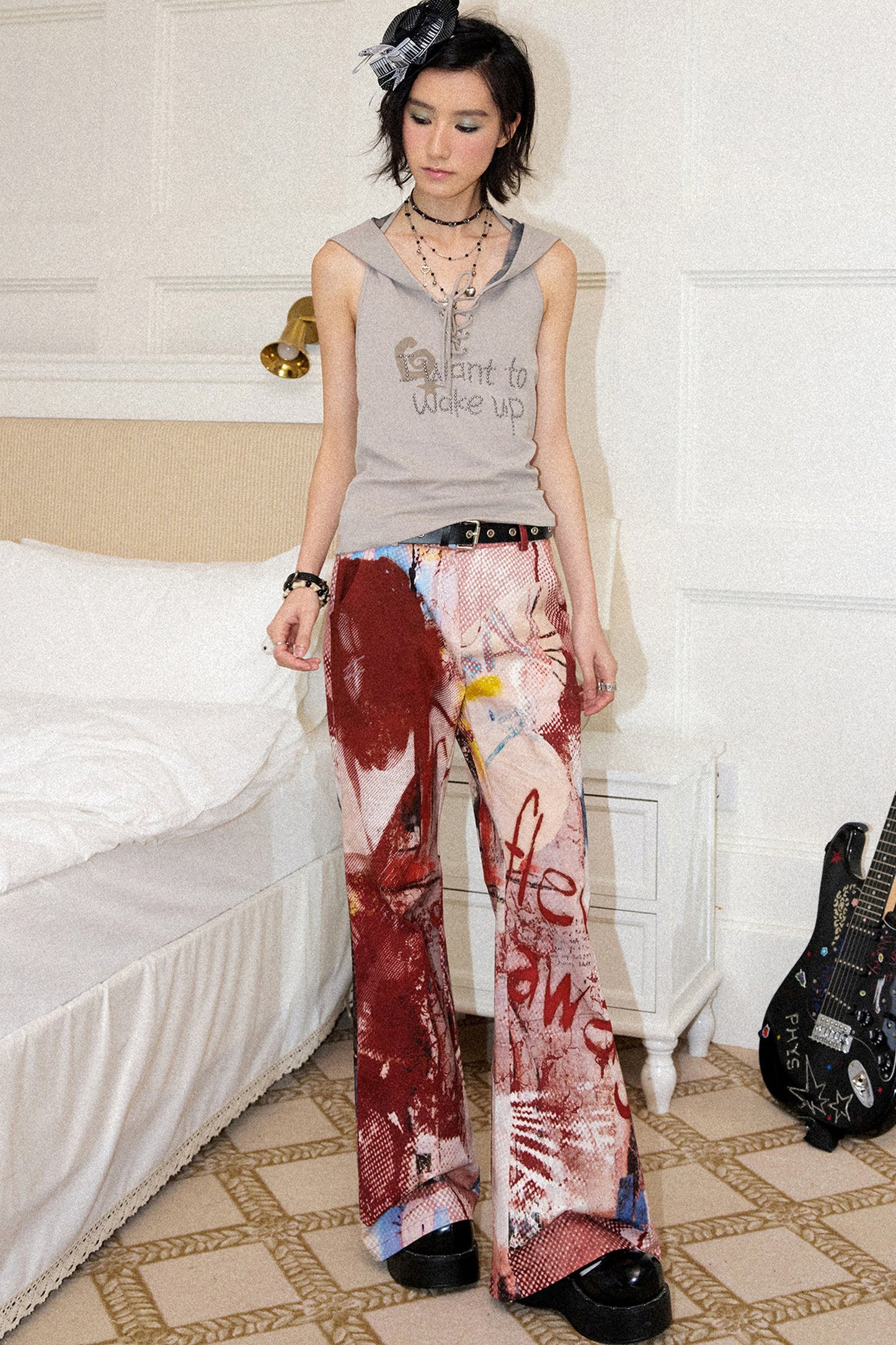 Red Print Flared Pants