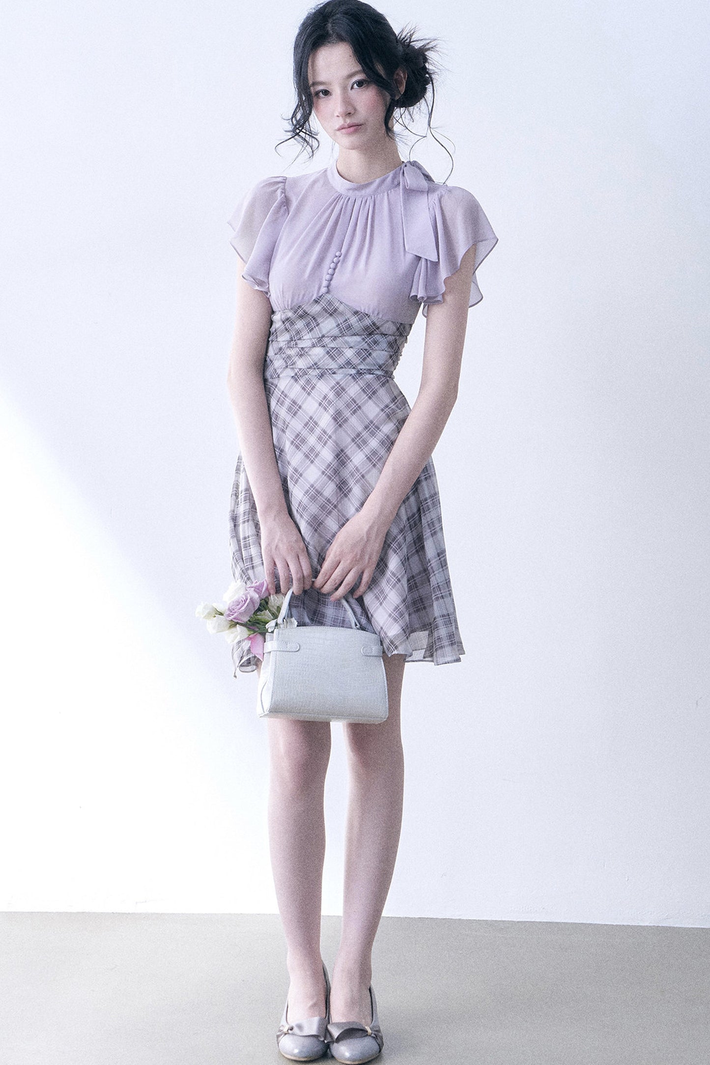 Lavender Plaid Flutter Sleeve Dress