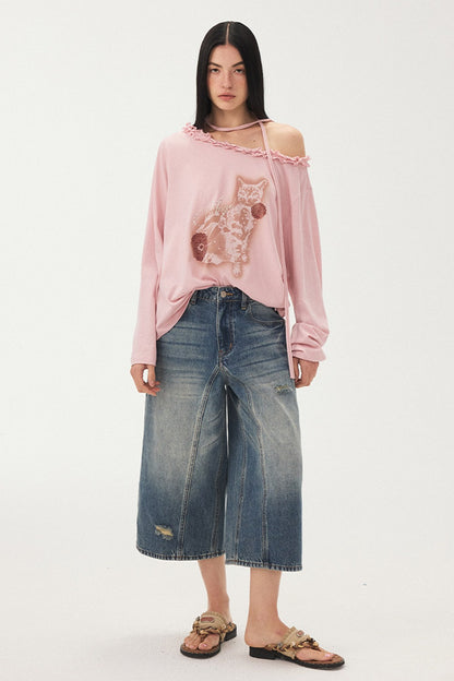 Cat Print Ruffle Off Shoulder Top