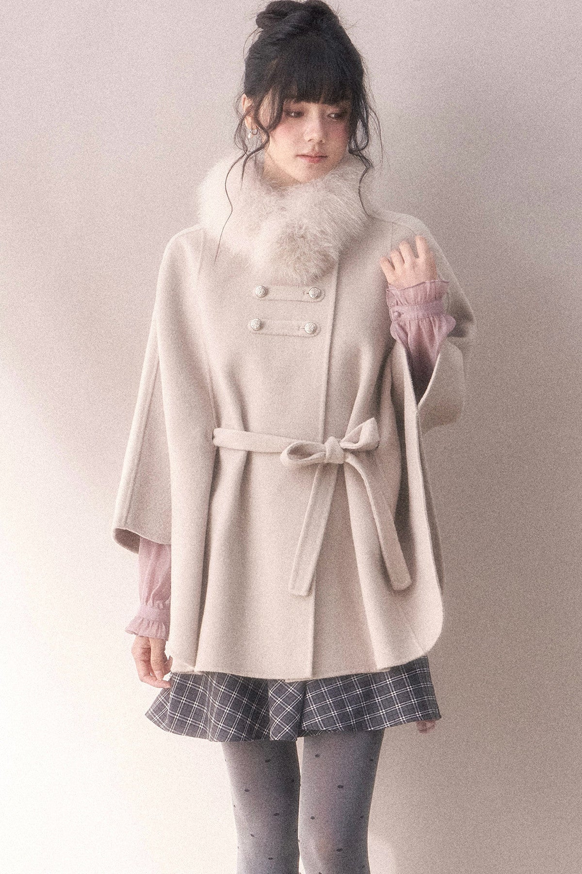 Double-Sided Wool Metal Button Cape Coat Set