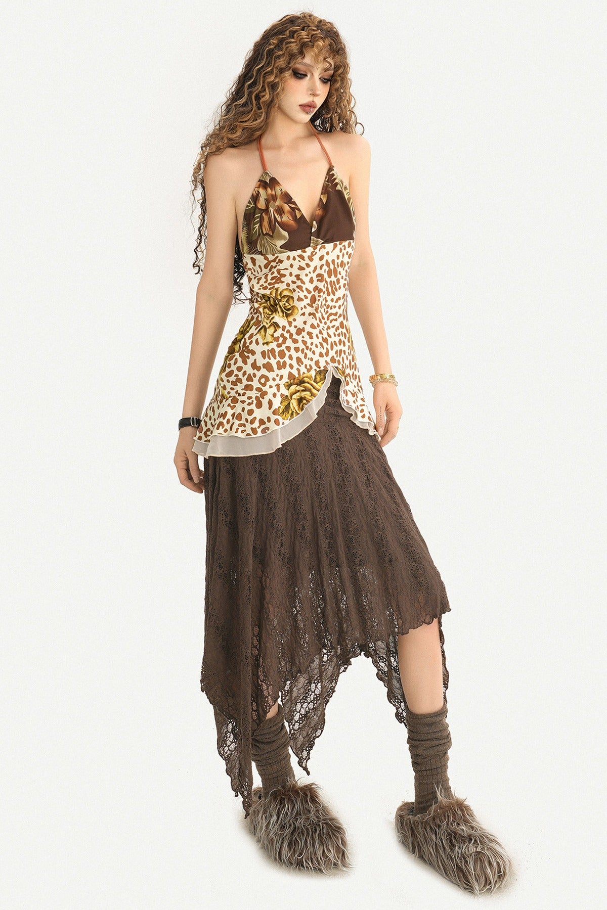 Y2K Leopard Rose Irregular Slit Halter Camisole